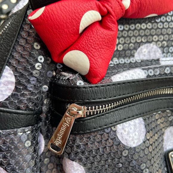 Disney Parks Loungefly Minnie Mouse Sequined Black White Polka Dot Mini Backpack - Picture 6 of 12